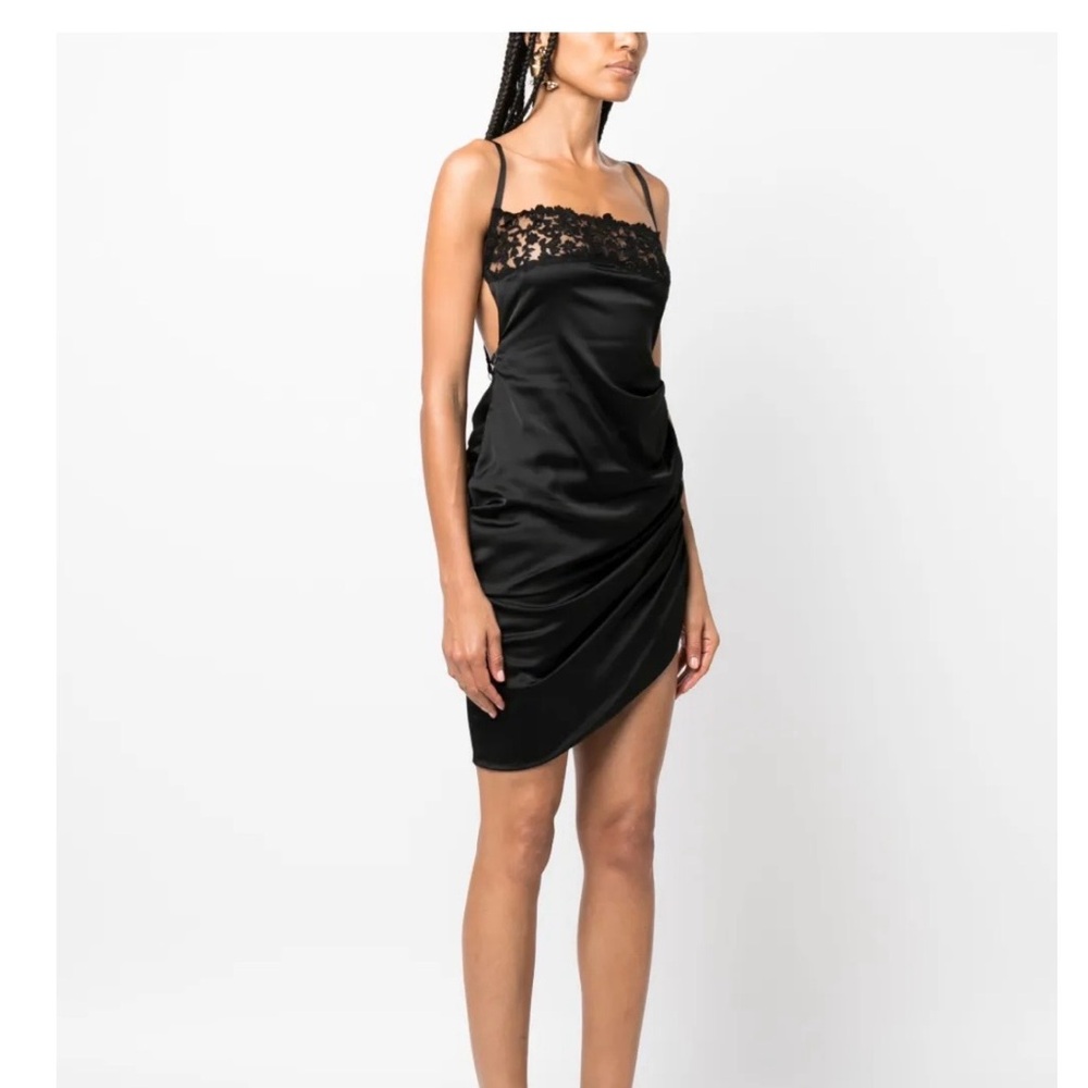Jacquemus Black Satin Lace-Trim Mini Dress with Side Tie